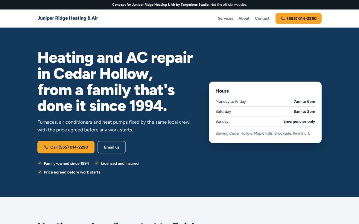 Sample homepage for a fictional heating company, shown on a computer