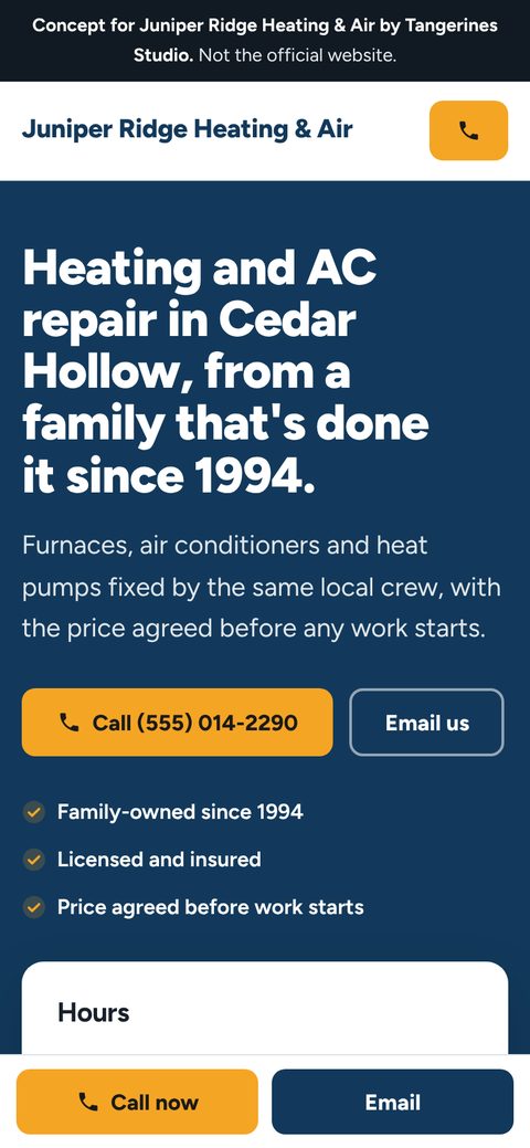 The same sample homepage on a phone, with a call button at the bottom